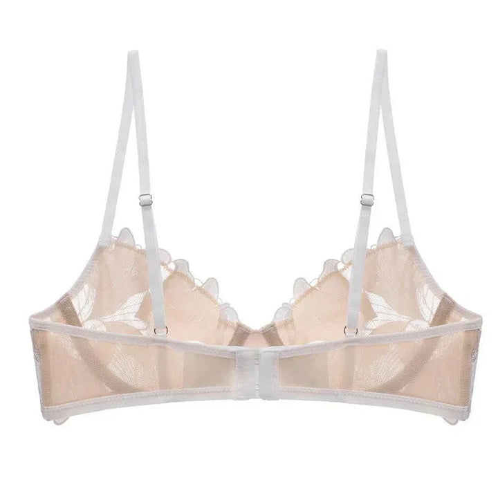 Florisse Mesh Lingerie Set with Floral Embroidery, Underwire Bra and Matching Thong, Sheer Black or Beige Sexy Lingerie Sets
