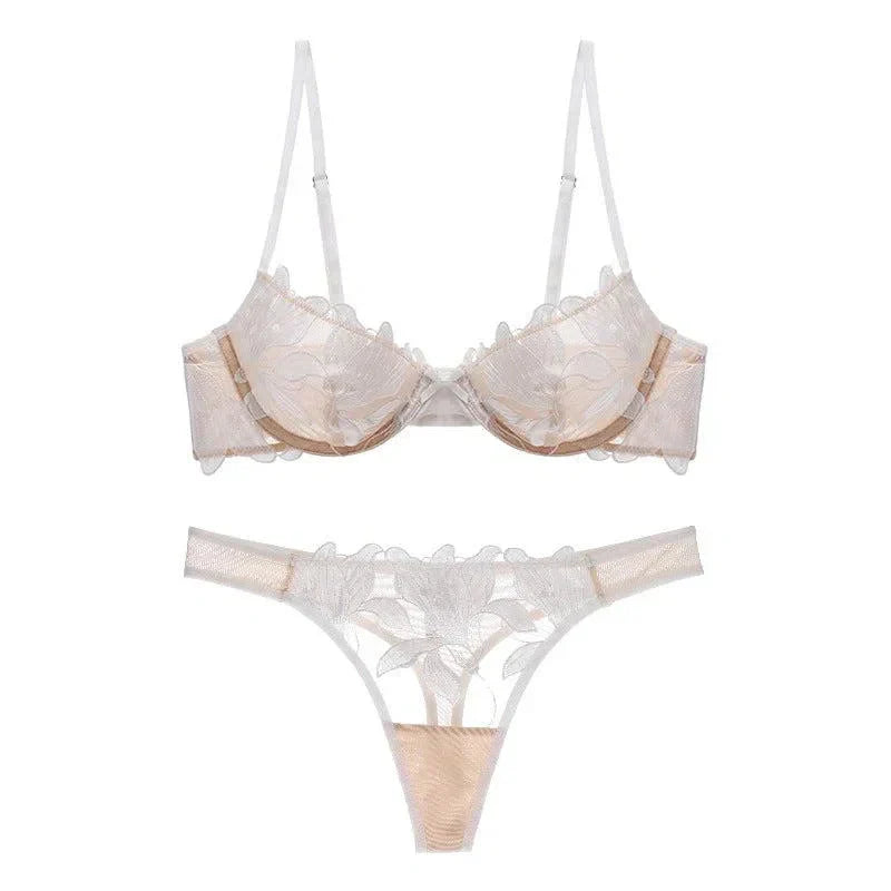 Florisse Mesh Lingerie Set with Floral Embroidery, Underwire Bra and Matching Thong, Sheer Black or Beige Sexy Lingerie Sets