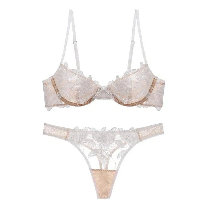 Florisse Mesh Lingerie Set with Floral Embroidery, Underwire Bra and Matching Thong, Sheer Black or Beige Sexy Lingerie Sets
