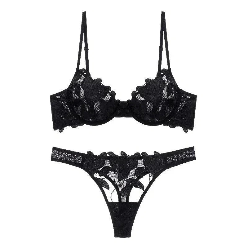 Florisse Mesh Lingerie Set with Floral Embroidery, Underwire Bra and Matching Thong, Sheer Black or Beige Sexy Lingerie Sets