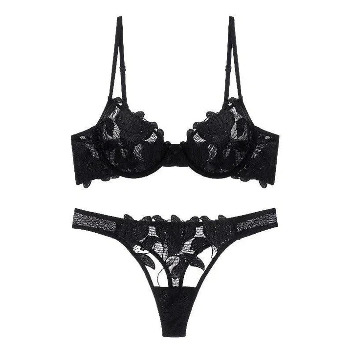 Florisse Mesh Lingerie Set with Floral Embroidery, Underwire Bra and Matching Thong, Sheer Black or Beige Sexy Lingerie Sets