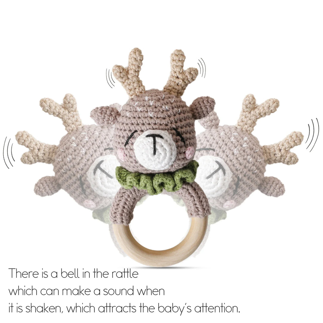 Wooden Crochet Animal Teether Rattle Newborn Sensory Toys