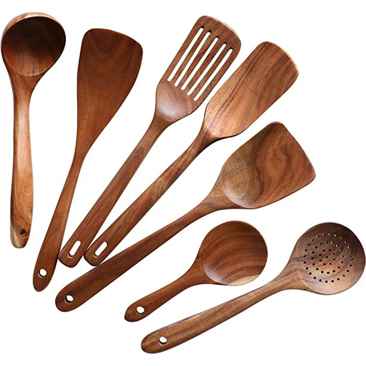 Natural Teak Wooden Kitchen Utensil Set – Eco-Friendly Cooking Spoons Non-Stick Safe 2026