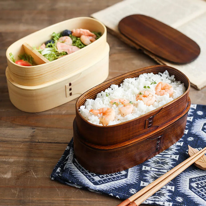 Wooden Japanese Style Bento Box Double-Layer Lunch Container for Workers &amp; Students