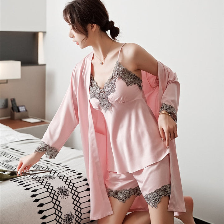 Silk Pajamas Set for Women, Adjustable Straps, Elegant Lace Design, Soft and Comfortable Sleepwear, Breathable Satin Fabric