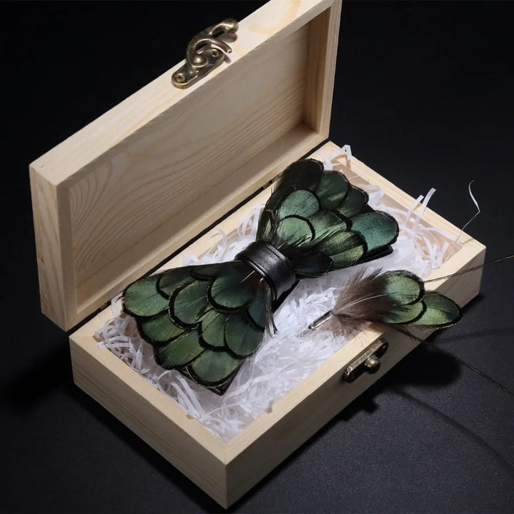 Green Birds Feather Bow Tie Set - Handmade Wood Gift Box for Men, Wedding Party