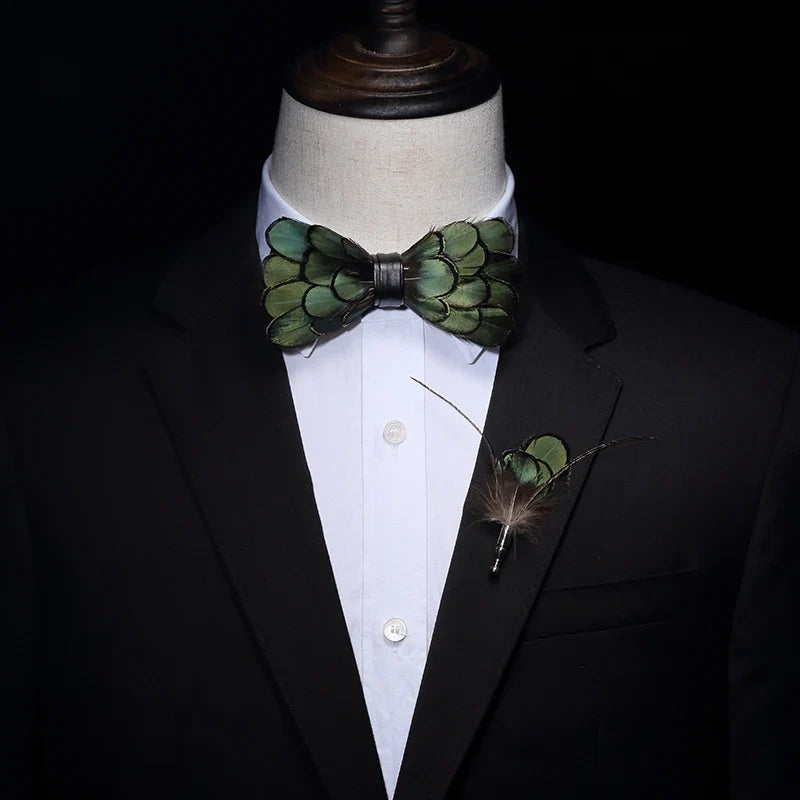 Green Birds Feather Bow Tie Set - Handmade Wood Gift Box for Men, Wedding Party