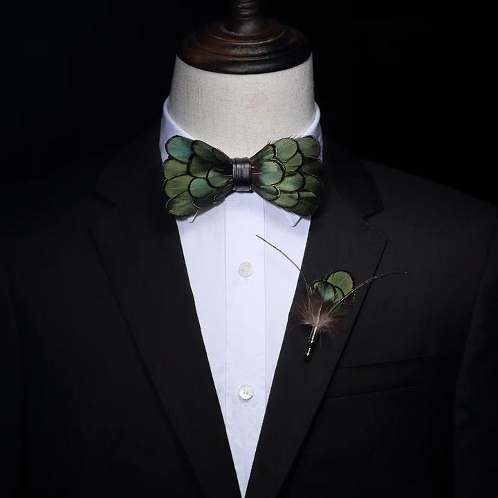 Green Birds Feather Bow Tie Set - Handmade Wood Gift Box for Men, Wedding Party