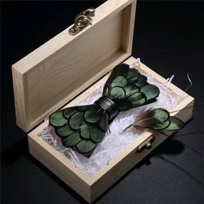 Green Birds Feather Bow Tie Set - Handmade Wood Gift Box for Men, Wedding Party