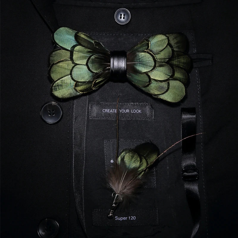 Green Birds Feather Bow Tie Set - Handmade Wood Gift Box for Men, Wedding Party