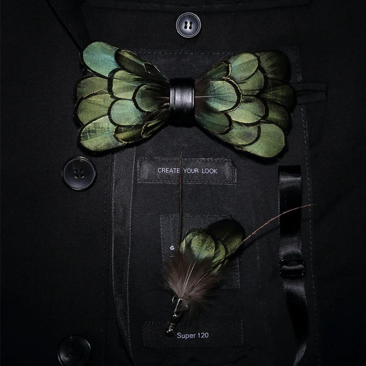 Green Birds Feather Bow Tie Set - Handmade Wood Gift Box for Men, Wedding Party