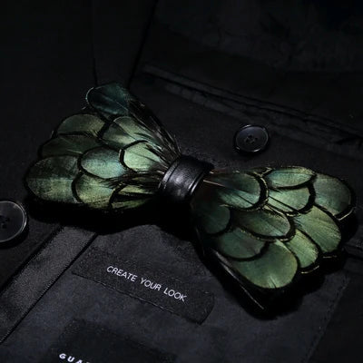 Green Birds Feather Bow Tie Set - Handmade Wood Gift Box for Men, Wedding Party