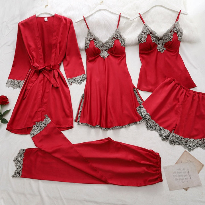 Silk Pajamas Set for Women, Adjustable Straps, Elegant Lace Design, Soft and Comfortable Sleepwear, Breathable Satin Fabric
