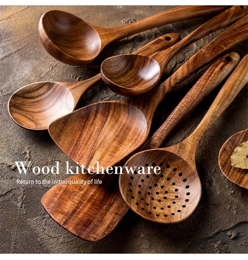 Natural Teak Wooden Kitchen Utensil Set – Eco-Friendly Cooking Spoons Non-Stick Safe 2026