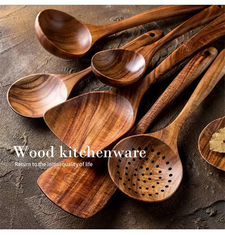 Natural Teak Wooden Kitchen Utensil Set – Eco-Friendly Cooking Spoons Non-Stick Safe 2026