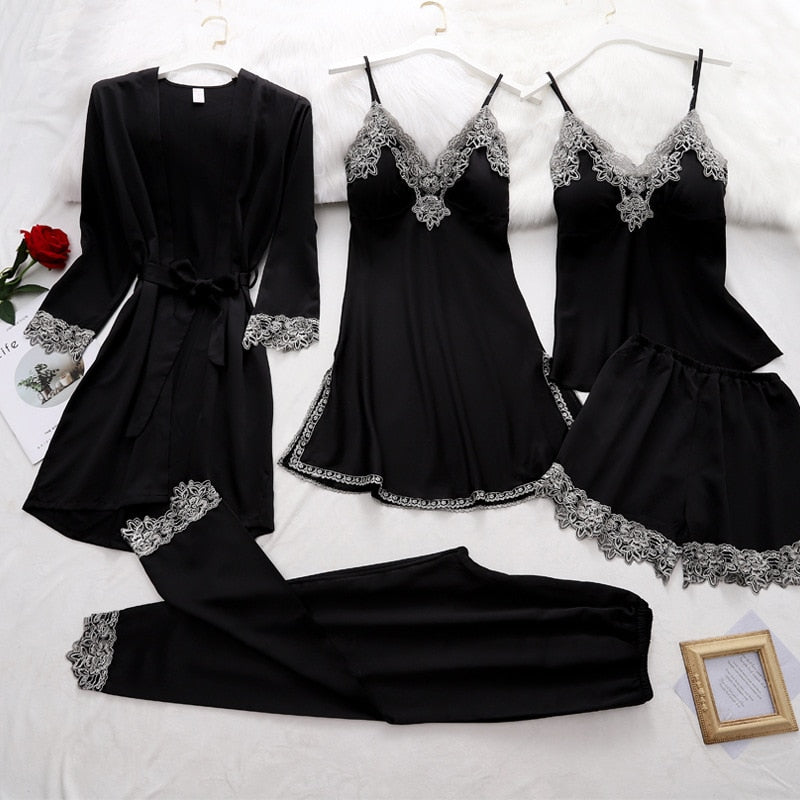 Silk Pajamas Set for Women, Adjustable Straps, Elegant Lace Design, Soft and Comfortable Sleepwear, Breathable Satin Fabric