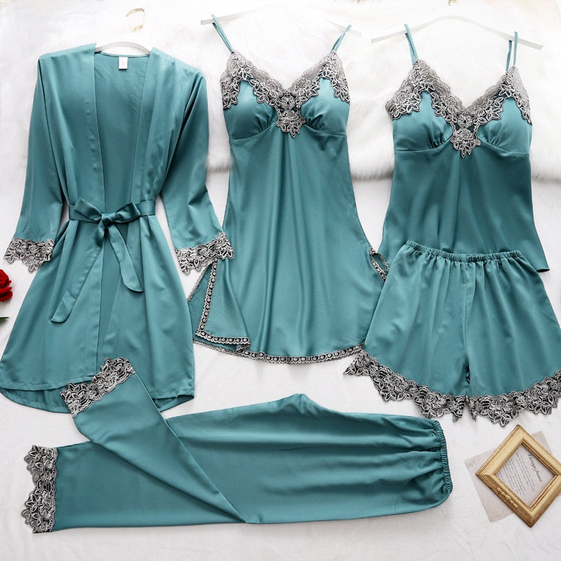 Silk Pajamas Set for Women, Adjustable Straps, Elegant Lace Design, Soft and Comfortable Sleepwear, Breathable Satin Fabric
