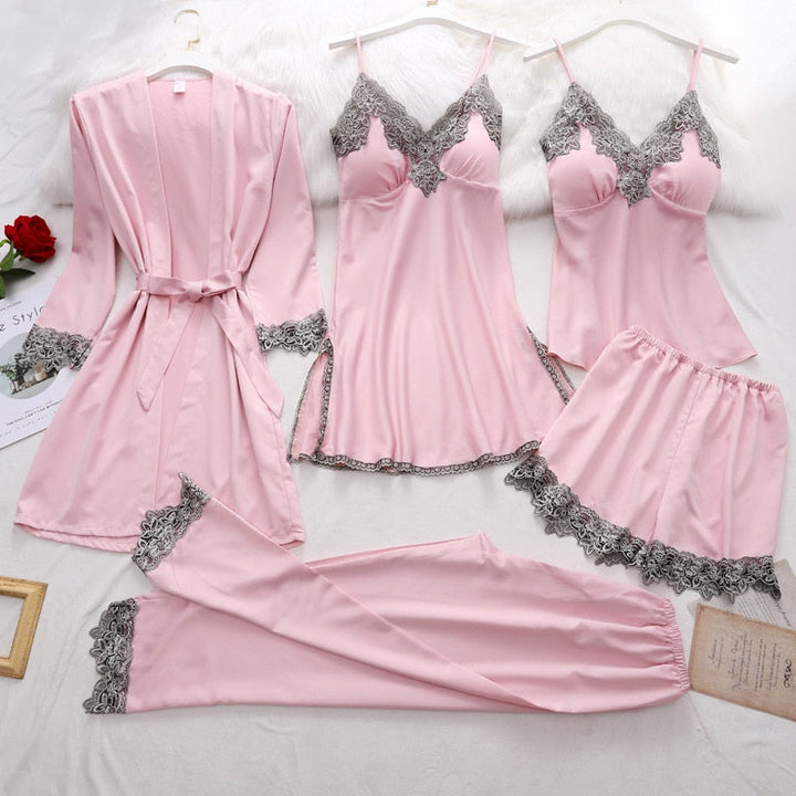 Silk Pajamas Set for Women, Adjustable Straps, Elegant Lace Design, Soft and Comfortable Sleepwear, Breathable Satin Fabric