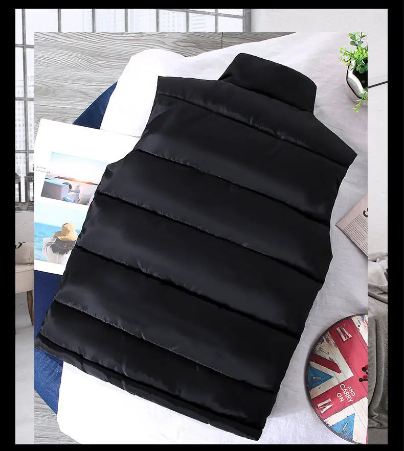 Warm Slim Men’s Puffer Vest - Stand Collar, Polyester, Casual