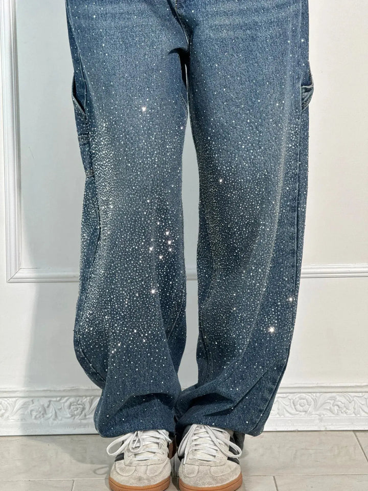 Relaxed Fit Blue Denim Straight Leg Jeans with Rhinestone Embellishments for Casual Glamour