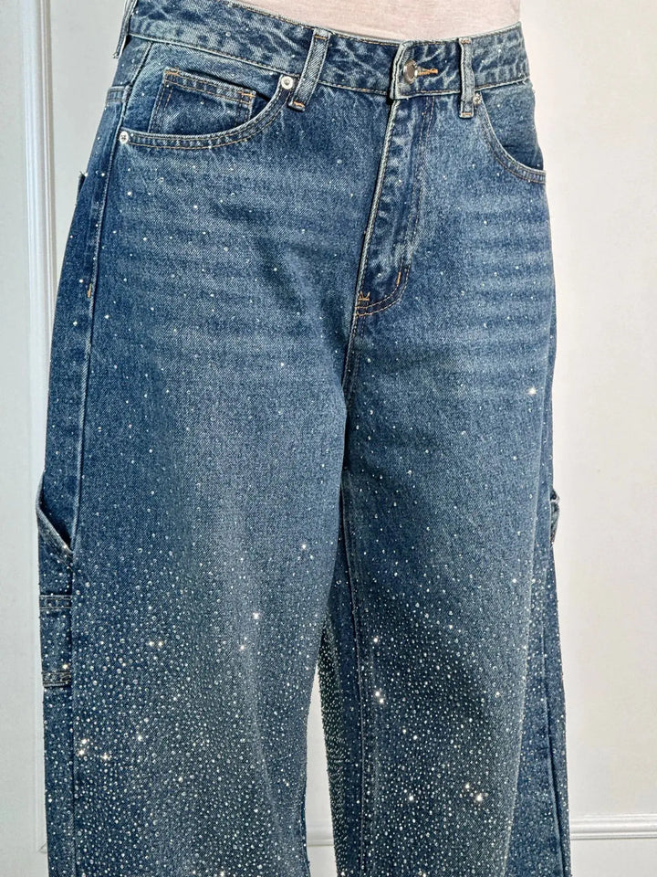 Relaxed Fit Blue Denim Straight Leg Jeans with Rhinestone Embellishments for Casual Glamour