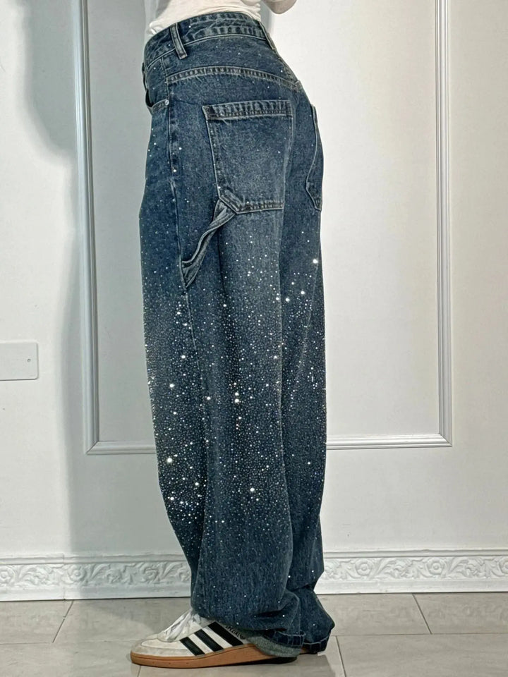 Relaxed Fit Blue Denim Straight Leg Jeans with Rhinestone Embellishments for Casual Glamour