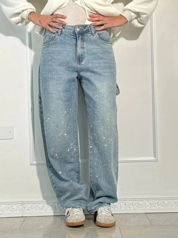 Relaxed Fit Blue Denim Straight Leg Jeans with Rhinestone Embellishments for Casual Glamour