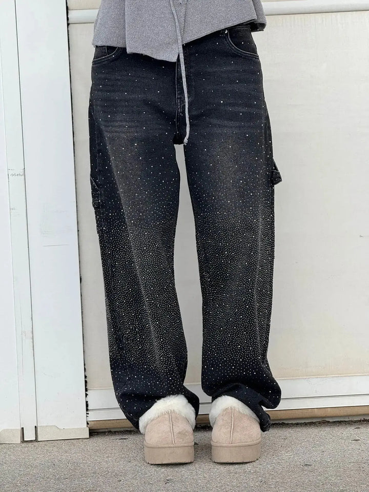 Relaxed Fit Blue Denim Straight Leg Jeans with Rhinestone Embellishments for Casual Glamour