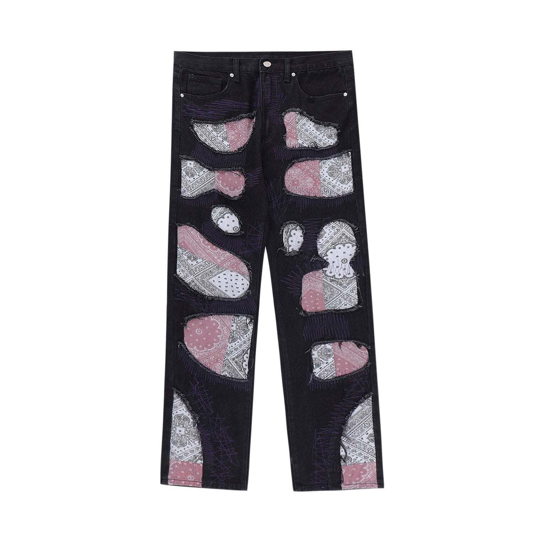 Unique Bandana Patchwork Jeans for Men and Women, Various Fits in Classic Blue Denim and Bold Black Wash