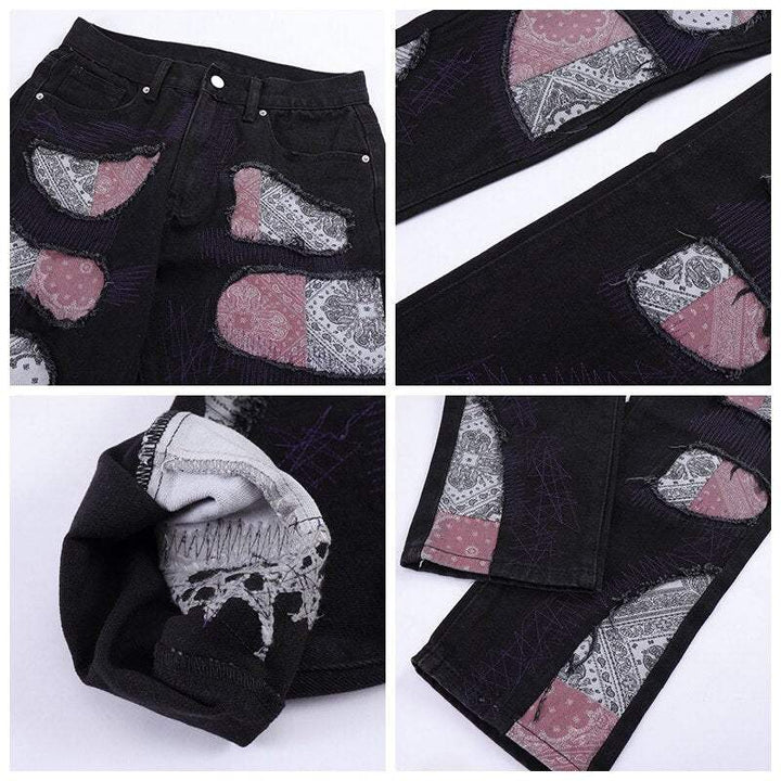 Unique Bandana Patchwork Jeans for Men and Women, Various Fits in Classic Blue Denim and Bold Black Wash
