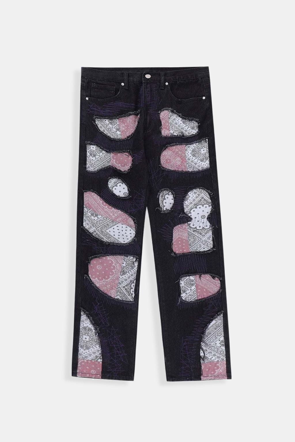 Unique Bandana Patchwork Jeans for Men and Women, Various Fits in Classic Blue Denim and Bold Black Wash