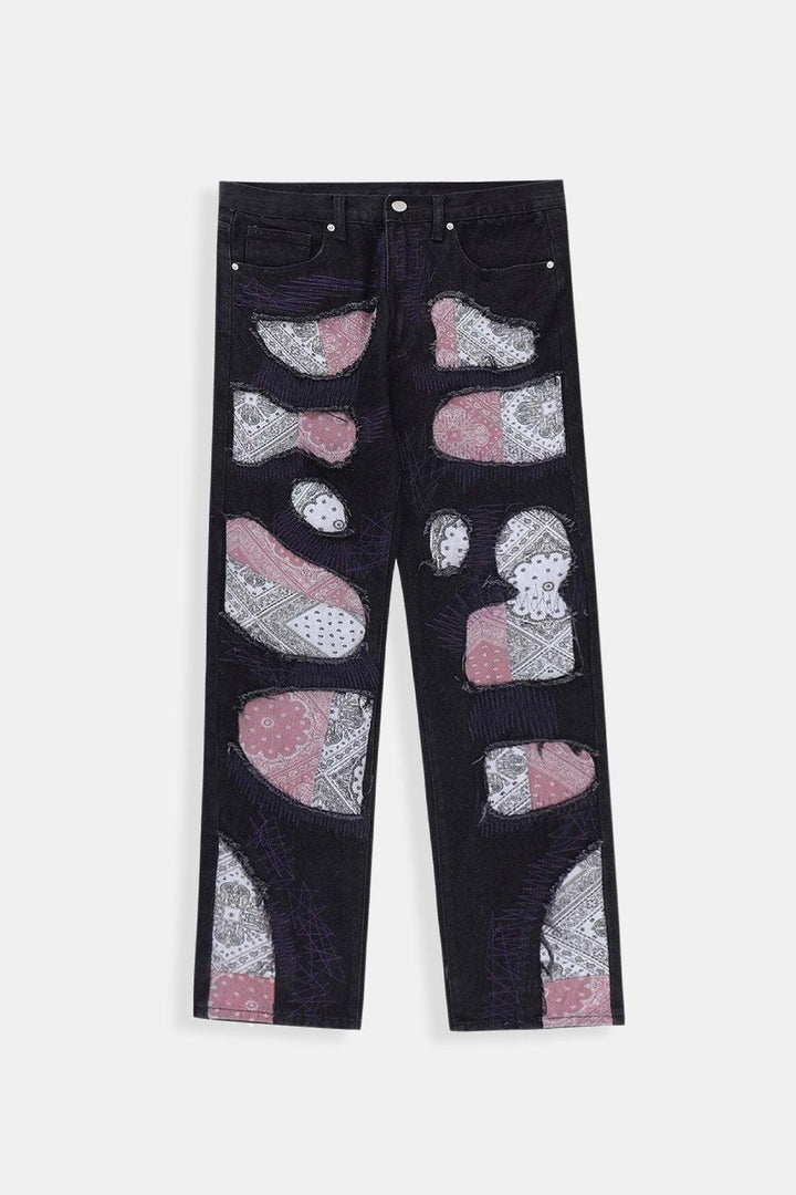 Unique Bandana Patchwork Jeans for Men and Women, Various Fits in Classic Blue Denim and Bold Black Wash