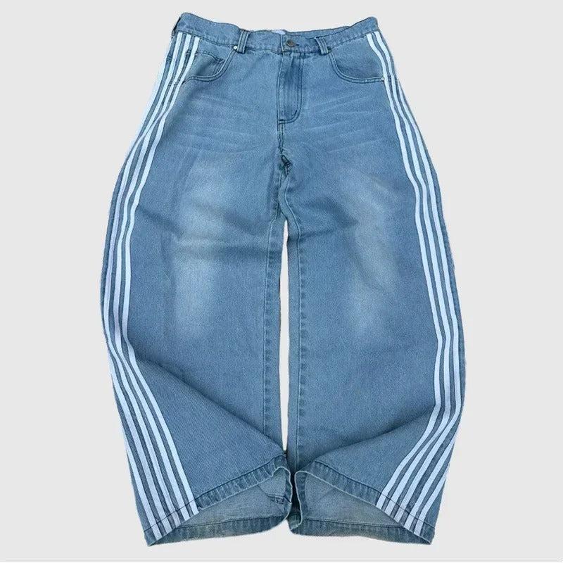 Wide Leg Jeans with Embroidered Cross Design, Unisex Y2K Style, Comfortable Baggy Fit, Sizes S to 3XL