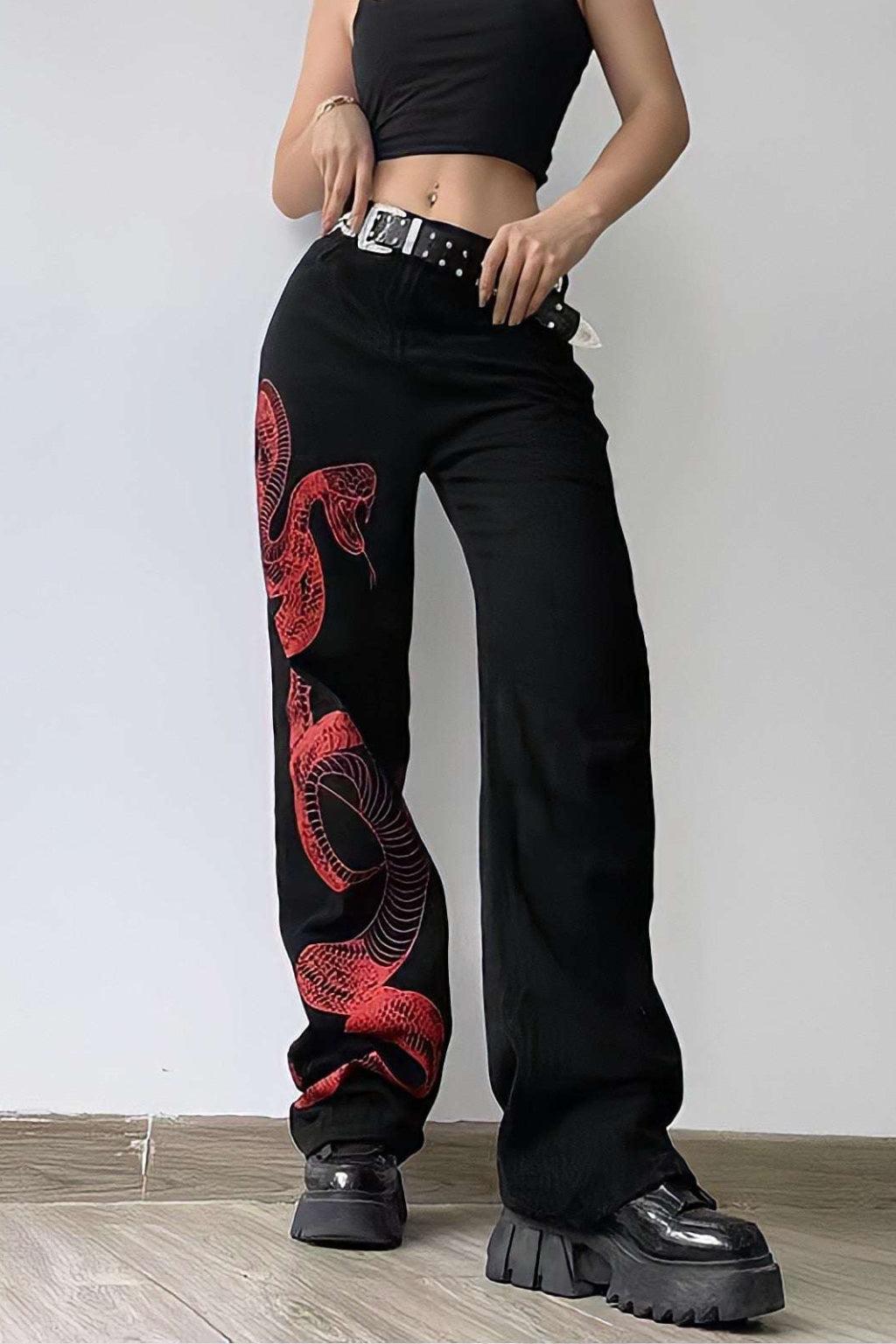 Dragon Embroidered Stretch Denim Jeans with Gold Brushstroke and Kanji Calligraphy Design