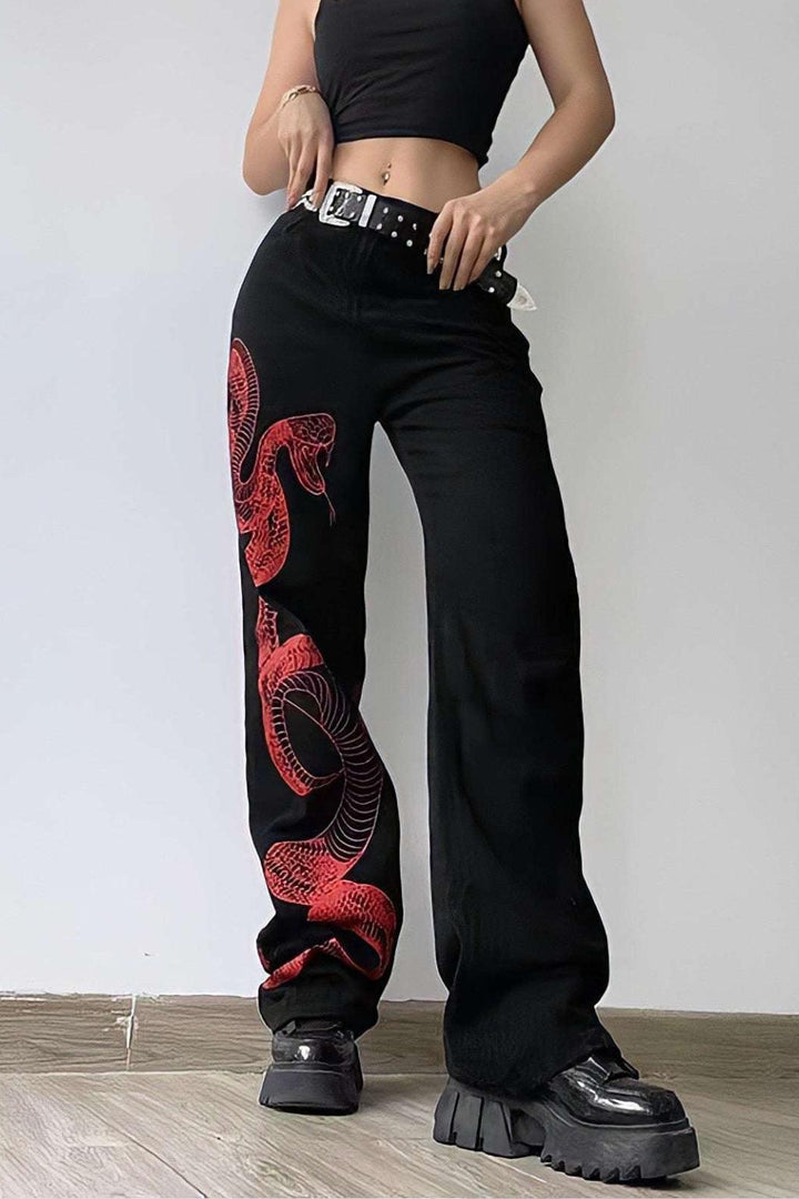 Dragon Embroidered Stretch Denim Jeans with Gold Brushstroke and Kanji Calligraphy Design