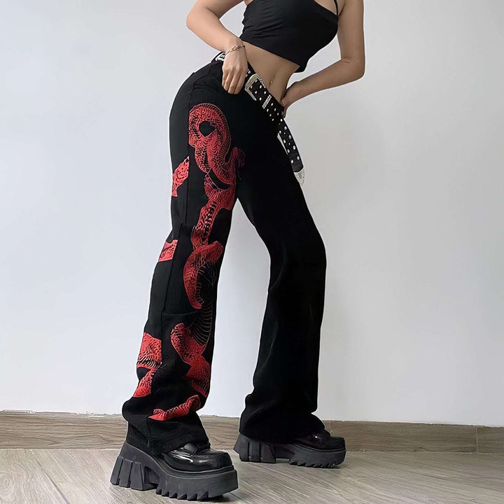 Dragon Embroidered Stretch Denim Jeans with Gold Brushstroke and Kanji Calligraphy Design
