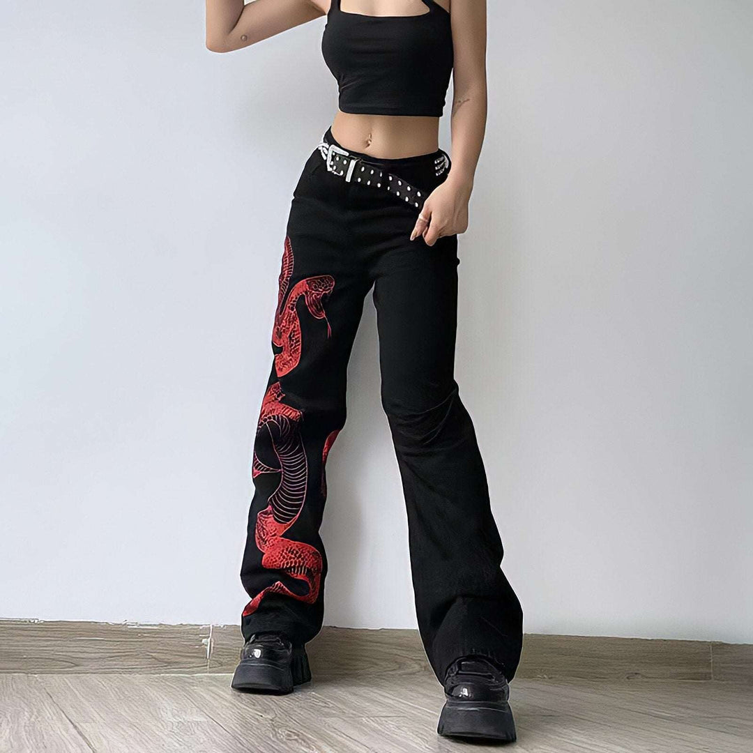 Dragon Embroidered Stretch Denim Jeans with Gold Brushstroke and Kanji Calligraphy Design