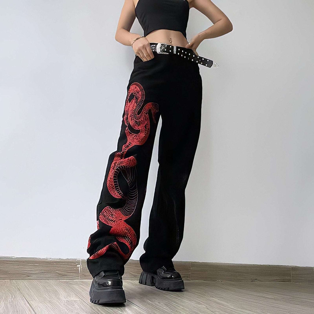 Dragon Embroidered Stretch Denim Jeans with Gold Brushstroke and Kanji Calligraphy Design