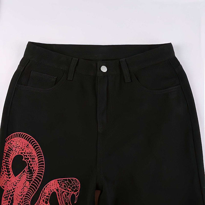 Dragon Embroidered Stretch Denim Jeans with Gold Brushstroke and Kanji Calligraphy Design