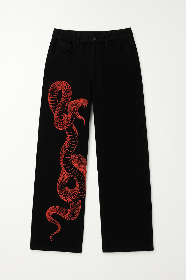 Dragon Embroidered Stretch Denim Jeans with Gold Brushstroke and Kanji Calligraphy Design