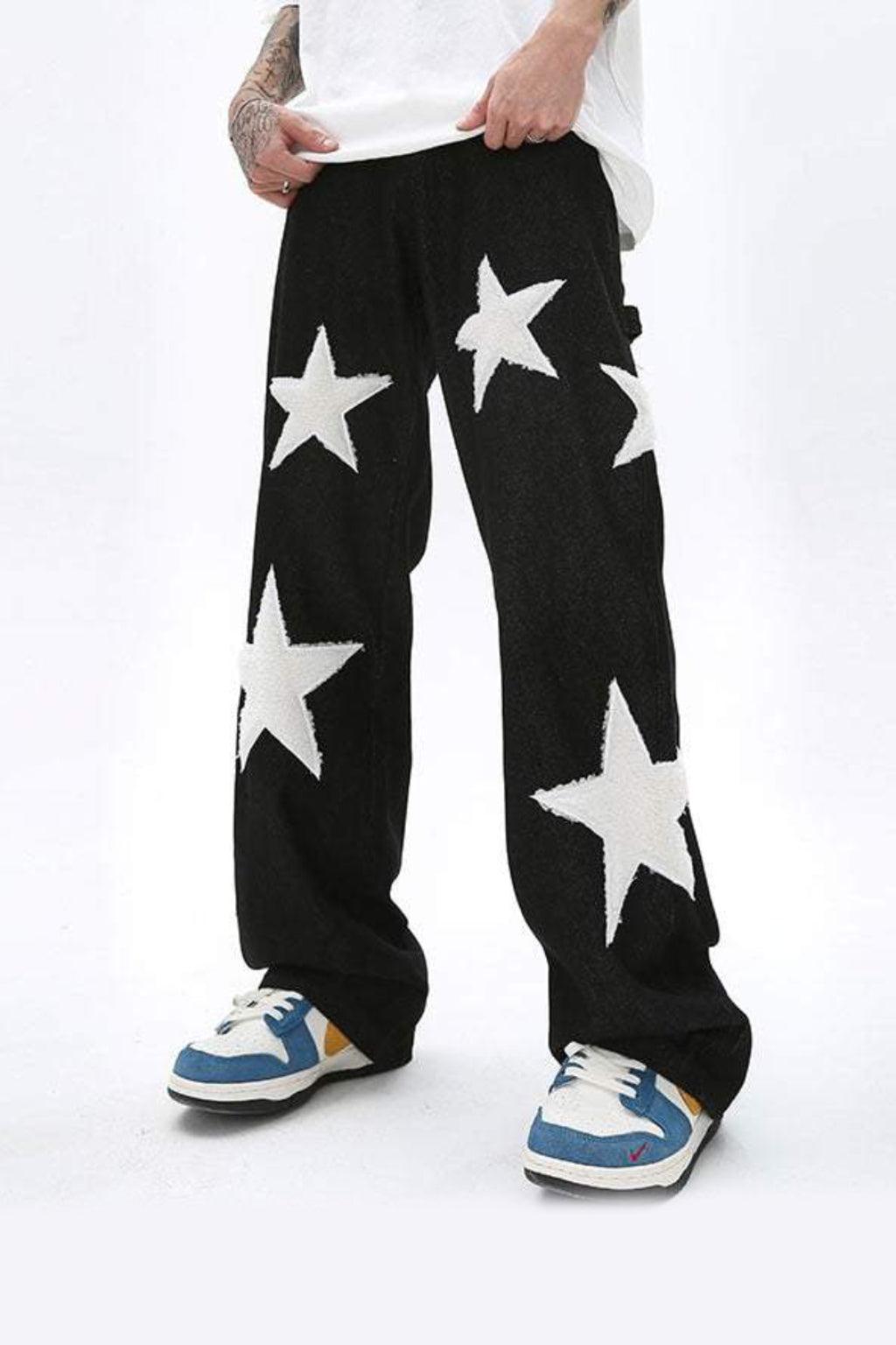 Baggy Wide Leg Jeans with Unique Star Patchwork Design and Comfortable Mid-Waist Fit in Dark Indigo
