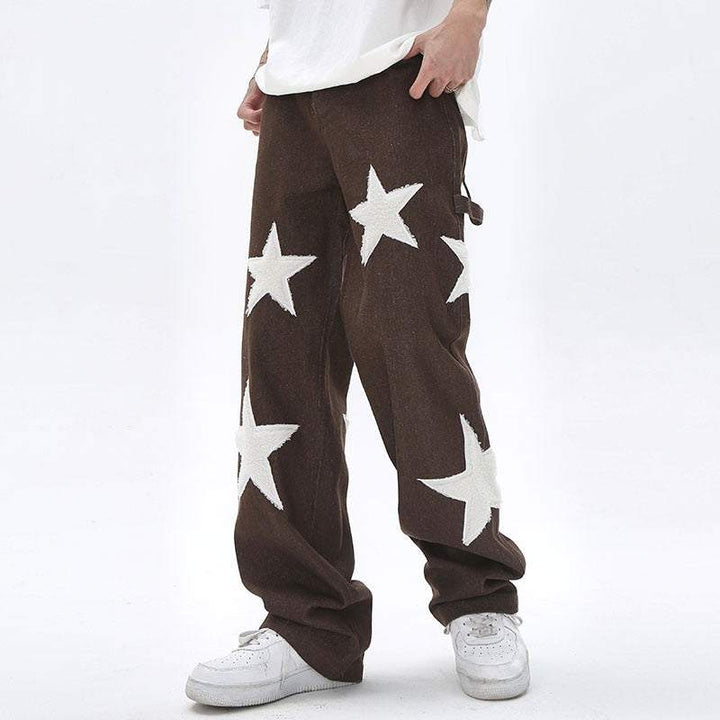 Baggy Wide Leg Jeans with Unique Star Patchwork Design and Comfortable Mid-Waist Fit in Dark Indigo