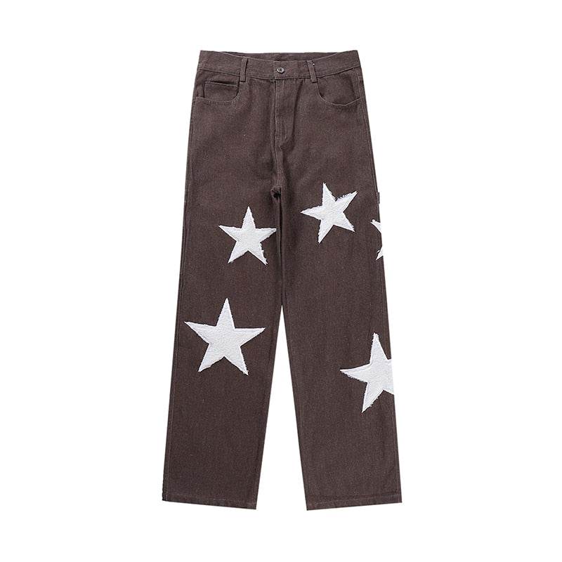 Baggy Wide Leg Jeans with Unique Star Patchwork Design and Comfortable Mid-Waist Fit in Dark Indigo