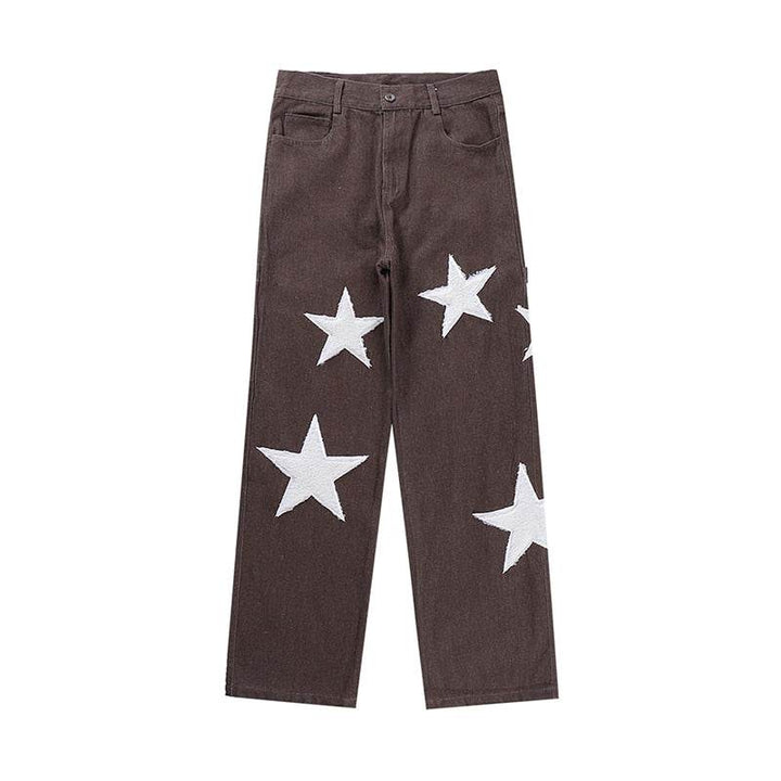 Baggy Wide Leg Jeans with Unique Star Patchwork Design and Comfortable Mid-Waist Fit in Dark Indigo