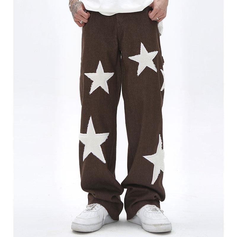 Baggy Wide Leg Jeans with Unique Star Patchwork Design and Comfortable Mid-Waist Fit in Dark Indigo