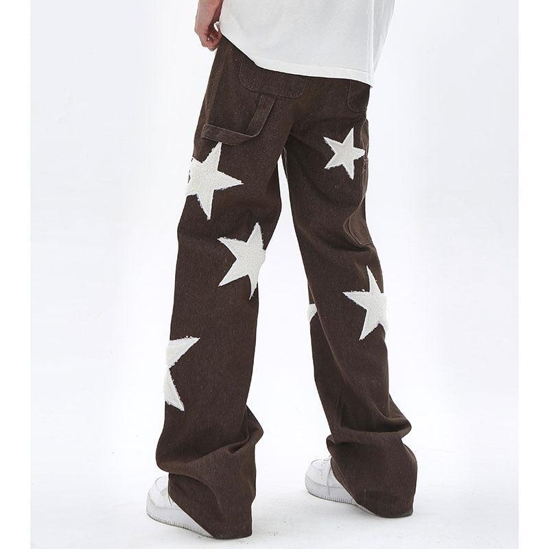 Baggy Wide Leg Jeans with Unique Star Patchwork Design and Comfortable Mid-Waist Fit in Dark Indigo
