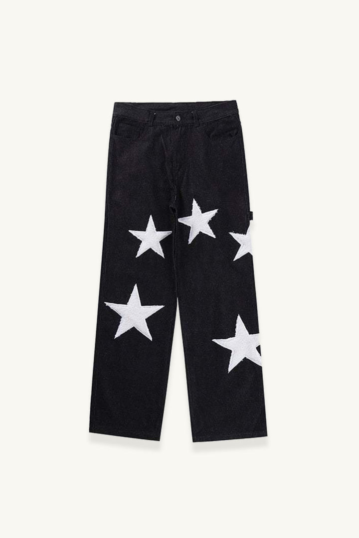 Baggy Wide Leg Jeans with Unique Star Patchwork Design and Comfortable Mid-Waist Fit in Dark Indigo