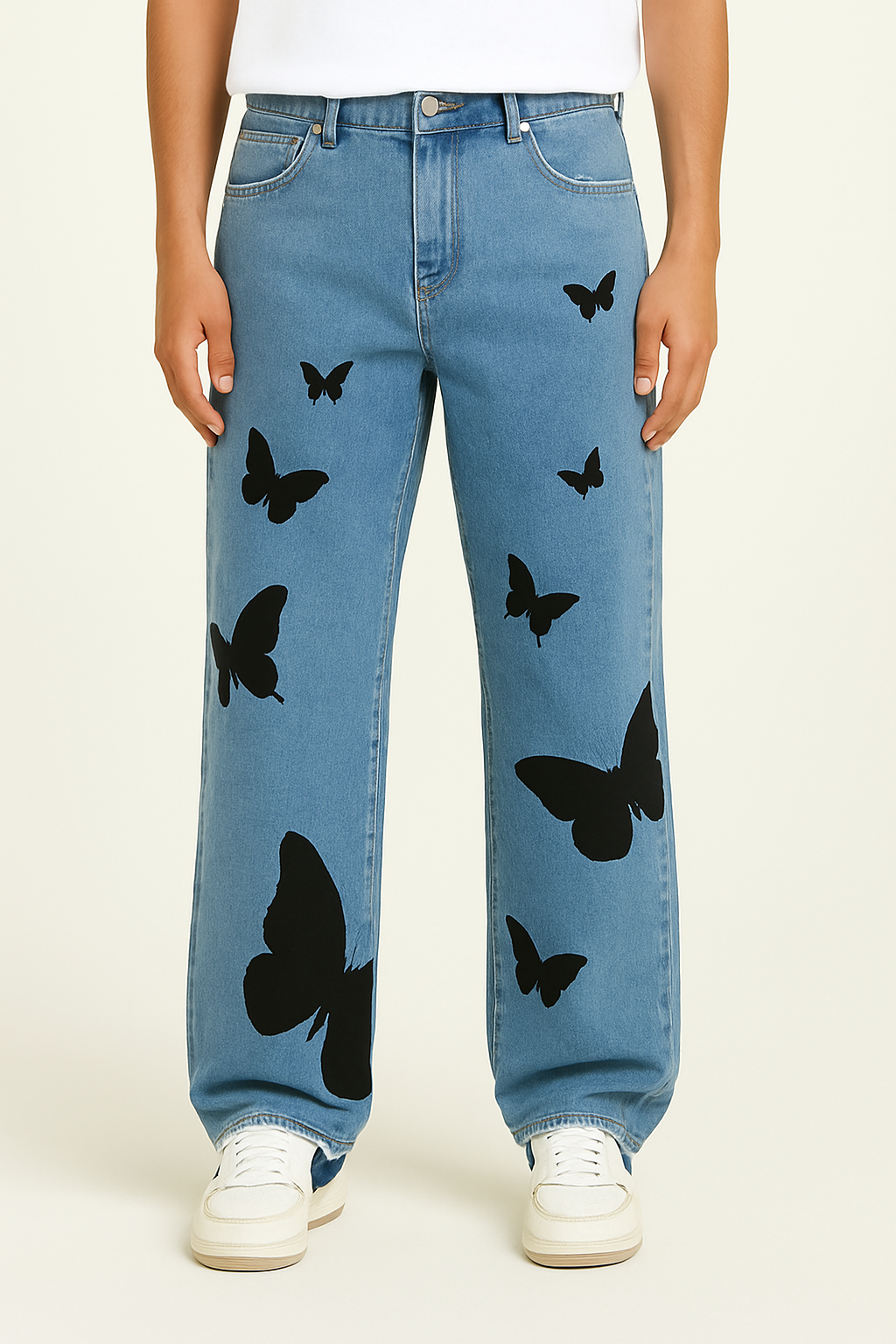 Butterfly Embroidered Wide Leg Jeans, Mid-Rise Stretch Denim, Comfortable Casual Fit with Eye-Catching Designs