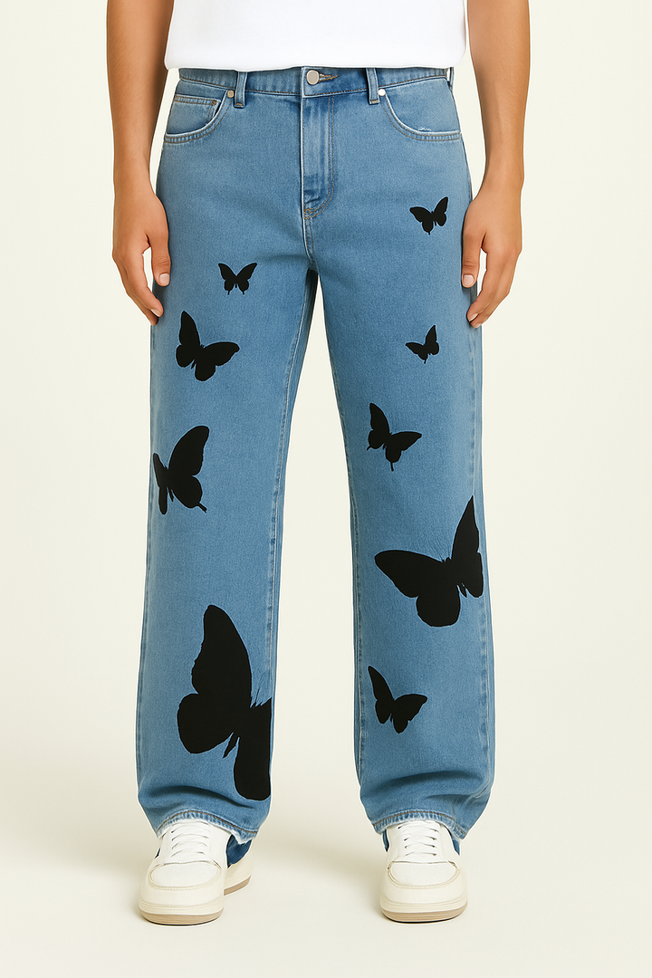 Butterfly Embroidered Wide Leg Jeans, Mid-Rise Stretch Denim, Comfortable Casual Fit with Eye-Catching Designs
