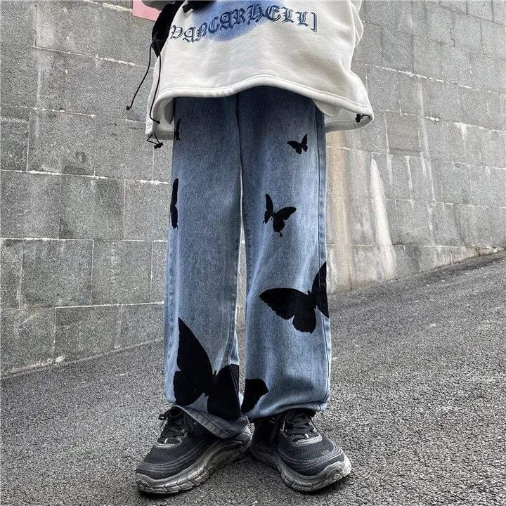 Butterfly Embroidered Wide Leg Jeans, Mid-Rise Stretch Denim, Comfortable Casual Fit with Eye-Catching Designs